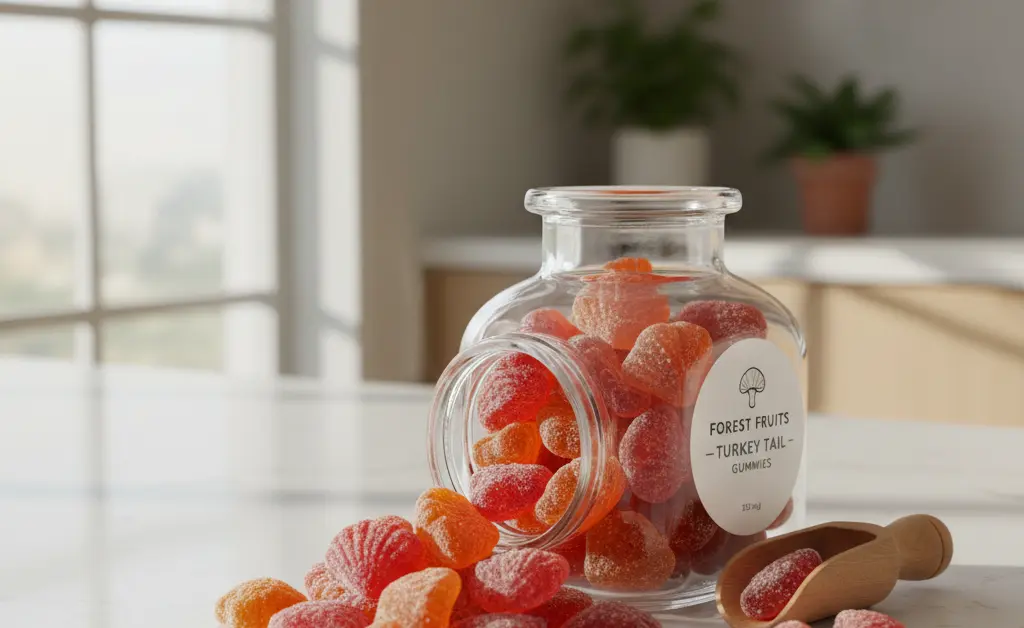 A visually appealing bottle showcasing delicious turkey tail mushroom gummies, perfect for daily wellness.