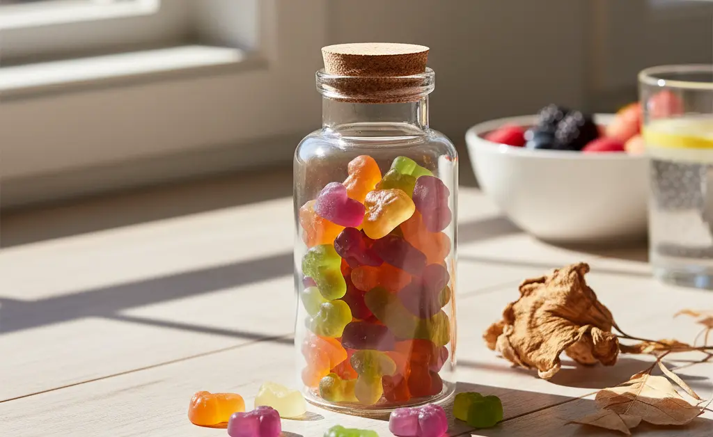 A vibrant bottle of turkey tail mushroom gummies sits on a clean, wooden surface, showcasing the appealing format for natural wellness.