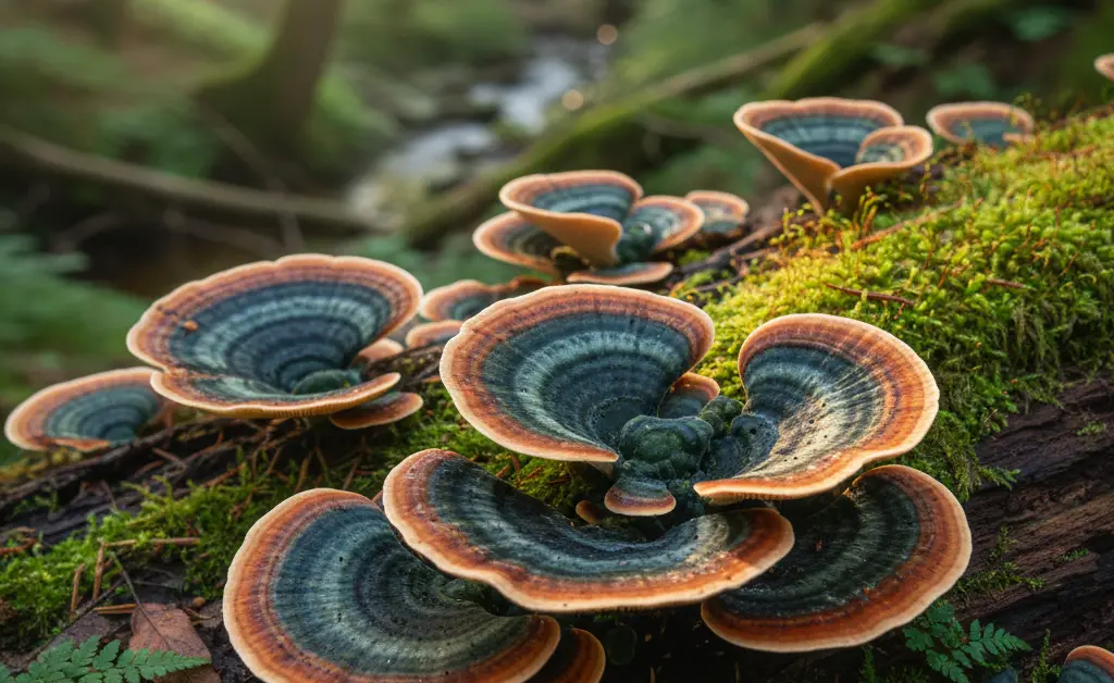 A close-up, natural light photograph of several vibrant turkey tail mushrooms growing on a mossy log, hinting at their potential connection as a supportive element in discussions around turkey tail mushroom hemangiosarcoma in dogs.