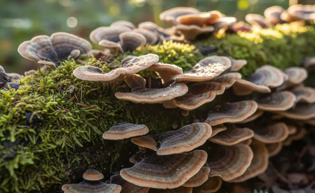 A beautiful cluster of turkey tail mushroom in yard, showcasing vibrant concentric rings of color on a fallen log.