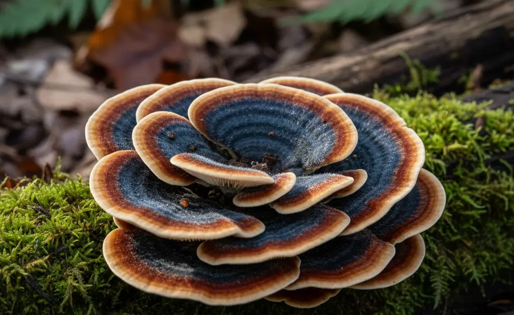 A close-up, photorealistic shot showcases a cluster of vibrantly colored turkey tail mushroom india, their intricate concentric rings and fan-like shapes beautifully illuminated by natural light.