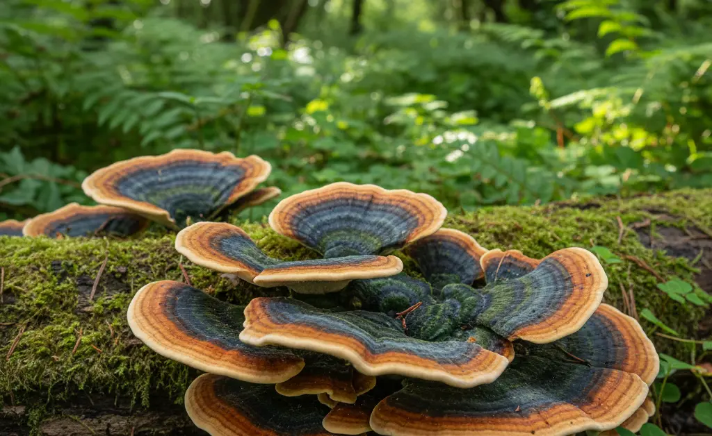 A detailed close-up photograph showcasing the vibrant, multi-colored banding of a turkey tail mushroom ireland growing on a mossy fallen log in a lush, green Irish forest.