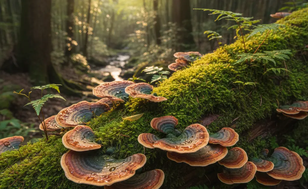 A serene forest scene showcasing the distinct patterns of turkey tail mushroom japan, bathed in soft natural light.
