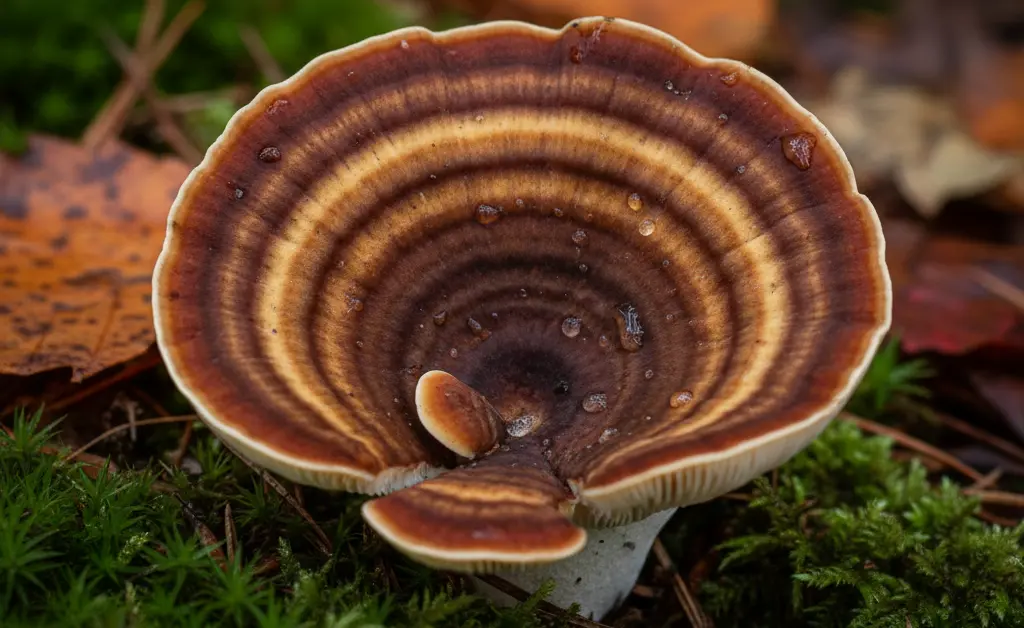 A close-up, macro photograph showcases the intricate, layered texture of a fresh turkey tail mushroom, hinting at its potential benefits for turkey tail mushroom joint pain.