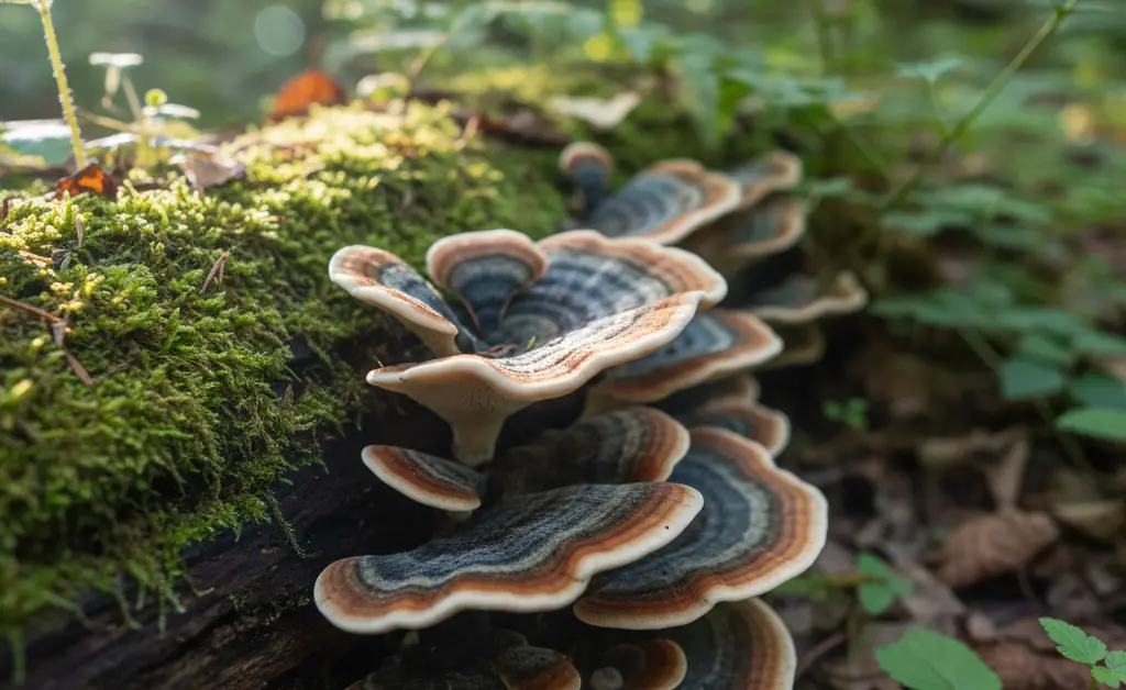 A close-up, photorealistic shot showcases a cluster of vibrant turkey tail mushroom kentucky growing on a fallen log in a sun-dappled Kentucky forest.