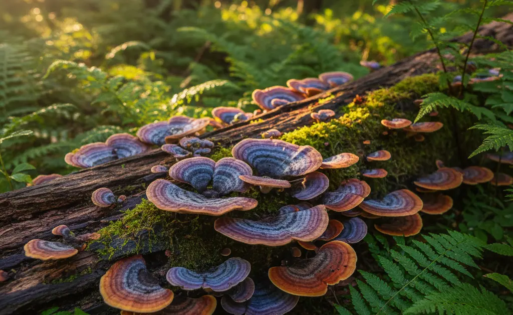 A close-up, photorealistic image showcases a cluster of vibrantly colored turkey tail mushroom kentucky growing on a mossy log in a lush, sun-dappled Kentucky forest.