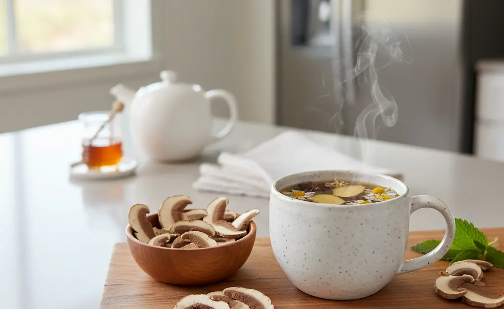 A serene and bright kitchen scene where a steaming mug of herbal tea sits next to a small bowl of sliced turkey tail mushroom, hinting at potential turkey tail mushroom kidney benefits.