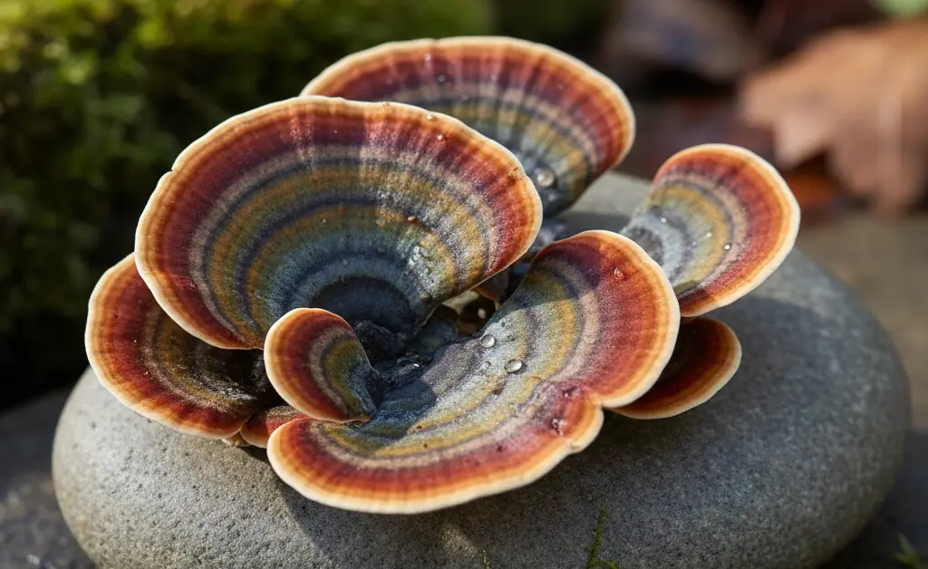 A photorealistic close-up showcasing the vibrant, colorful turkey tail mushroom, symbolizing turkey tail mushroom kidney health.