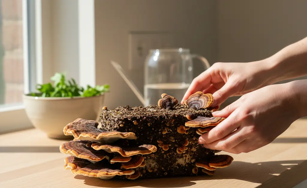 A home grower carefully tends to their growing turkey tail mushroom kit australia, showcasing the vibrant colors and textures of the developing fungi.