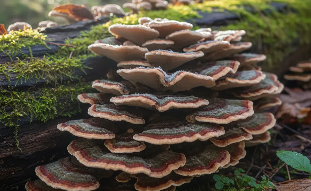 A detailed close-up showcases the vibrant, fan-like structure of the turkey tail mushroom krestin.