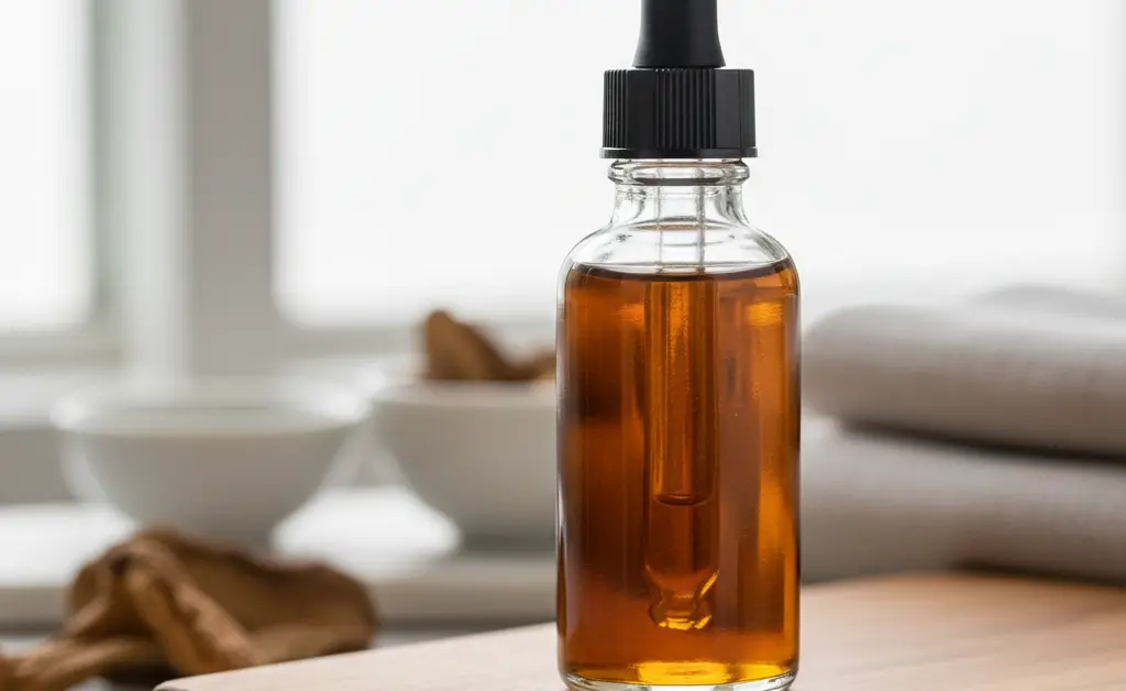 A clear glass dropper bottle holds turkey tail mushroom liquid extract, showcasing its rich amber color.