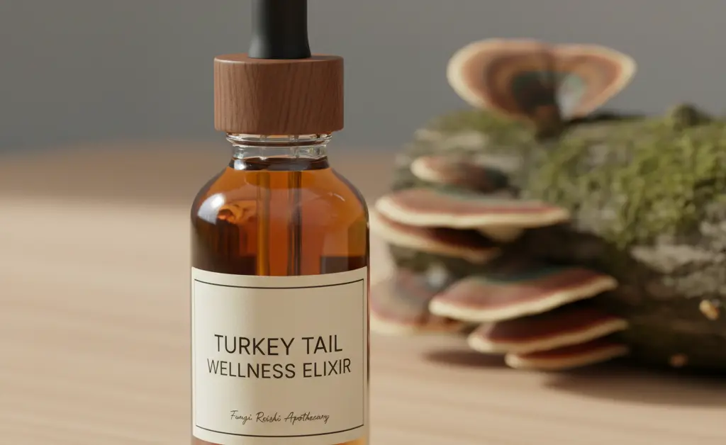 A dropper bottle of turkey tail mushroom liquid is shown with fresh turkey tail mushrooms in the background.