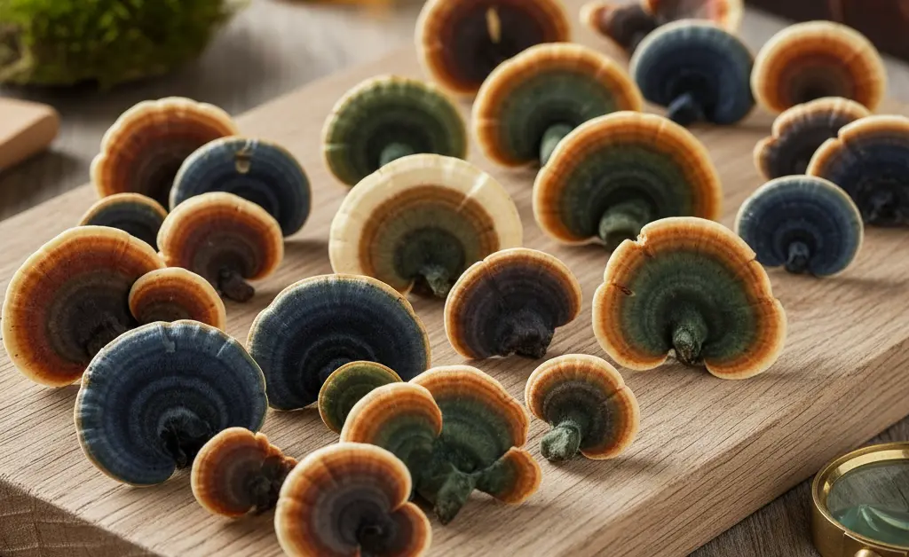 A visually appealing illustration of turkey tail mushroom, highlighting its intricate patterns and earthy tones, in the context of assessing turkey tail mushroom liver toxicity.