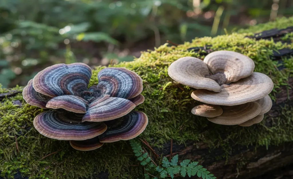 A skilled forager carefully examining a cluster of vibrant turkey tail mushrooms, while subtly showing a similar-looking, less distinct mushroom nearby, emphasizing the challenge of distinguishing turkey tail mushroom look alike species.
