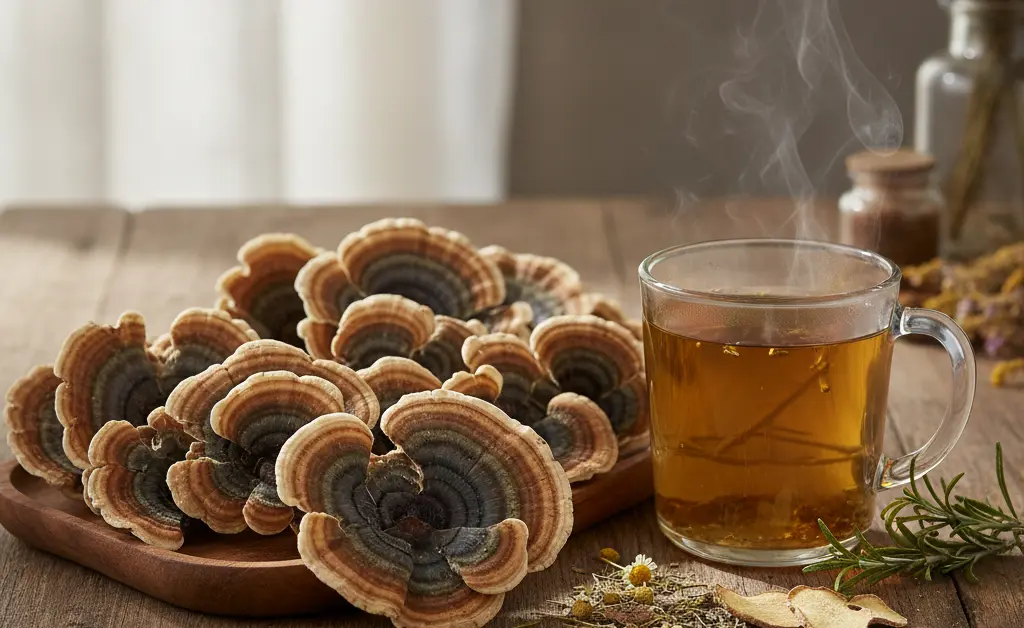 A visually appealing arrangement showcasing the distinct patterns of turkey tail mushroom medicinal properties alongside fresh ingredients for a healthy beverage.