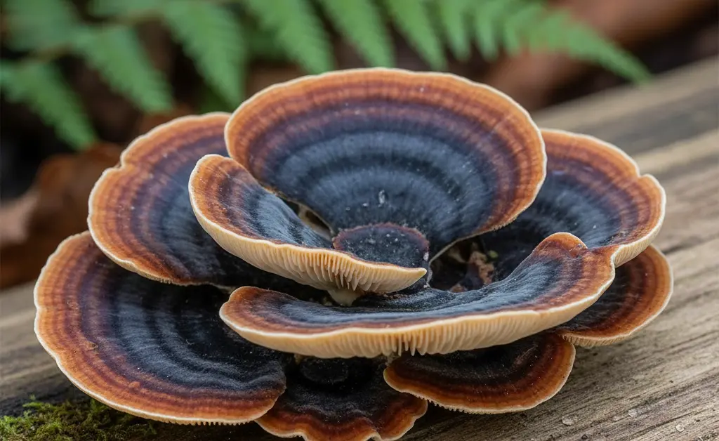 A close-up, artful arrangement showcasing the unique striations of a turkey tail mushroom beside a delicate illustration depicting the inner ear, representing turkey tail mushroom meniere's disease research.