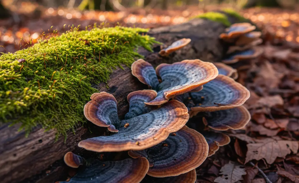 A visually stunning cluster of vibrant turkey tail mushroom michigan growing on a fallen log in a sun-dappled forest.