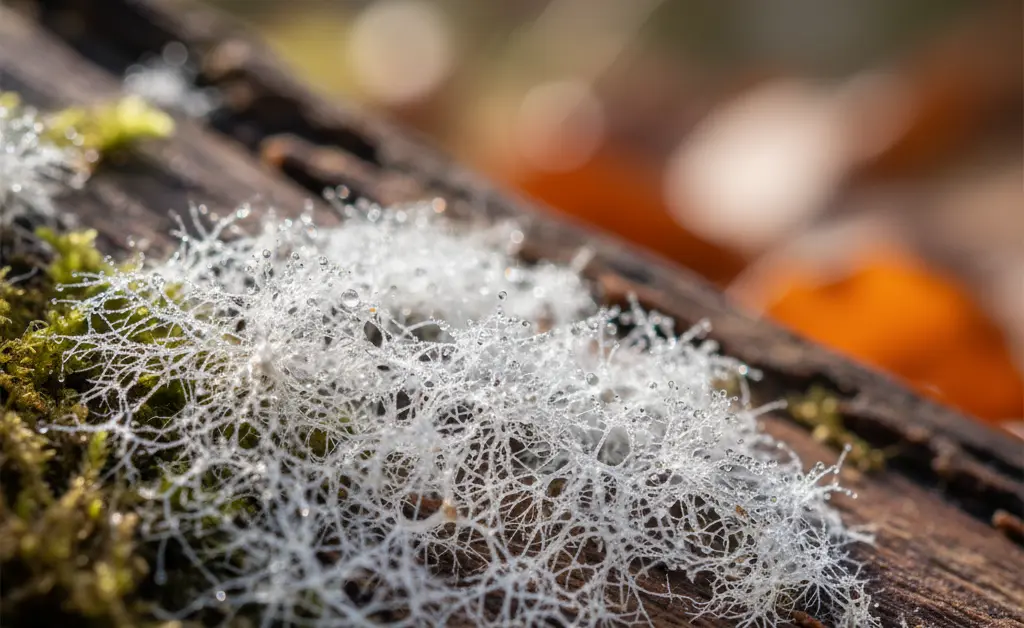 A close-up, macro photograph revealing the intricate, thread-like structure of turkey tail mushroom mycelium, showcasing its natural complexity.