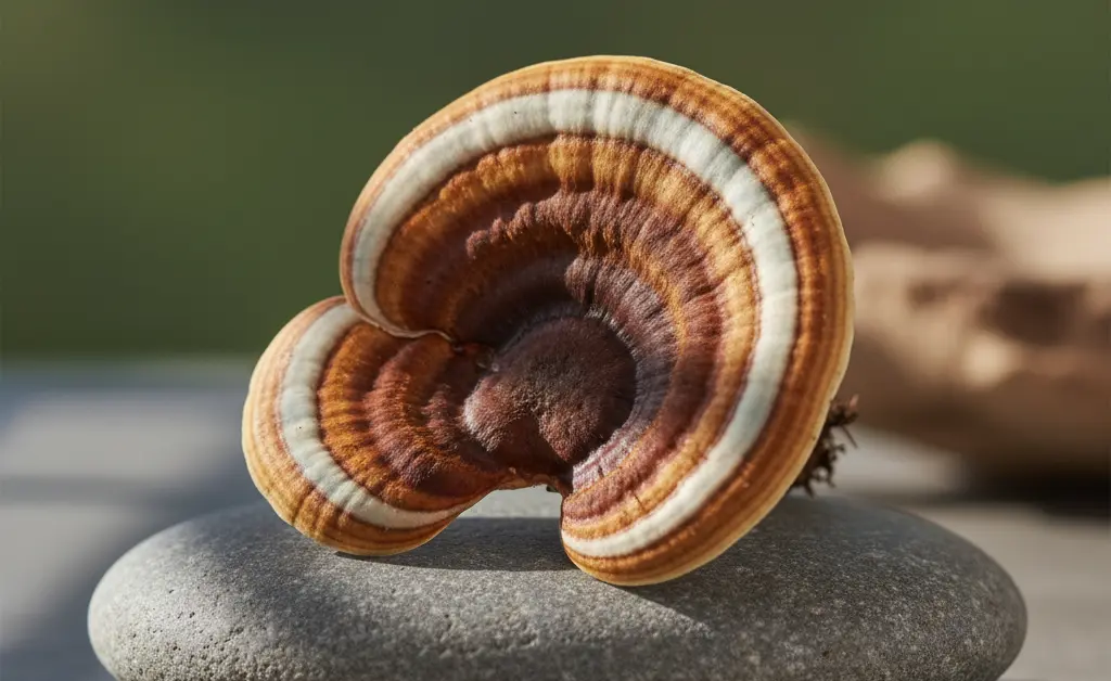 A close-up, editorial photograph showcasing the vibrant, colorful patterns of a turkey tail mushroom novel food, presented in a clean, minimalist setting to highlight its natural beauty and unique texture.