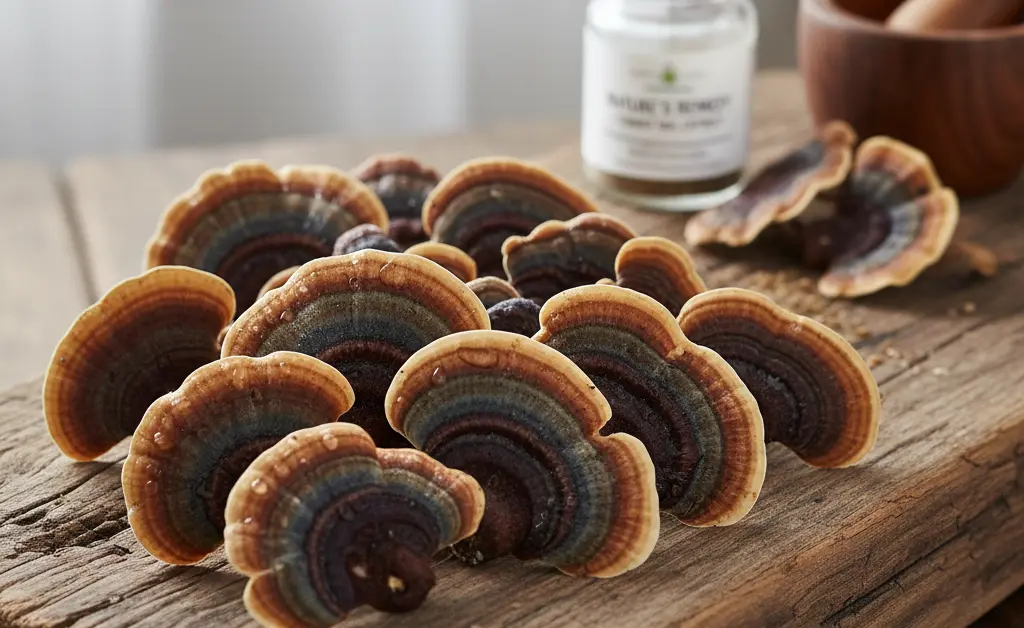 A clear, visually appealing presentation of turkey tail mushroom nutrition facts is shown on a clean, modern surface.