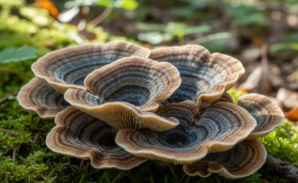 A close-up, detailed shot showcasing the intricate patterns and earthy tones of turkey tail mushroom nutrition facts.