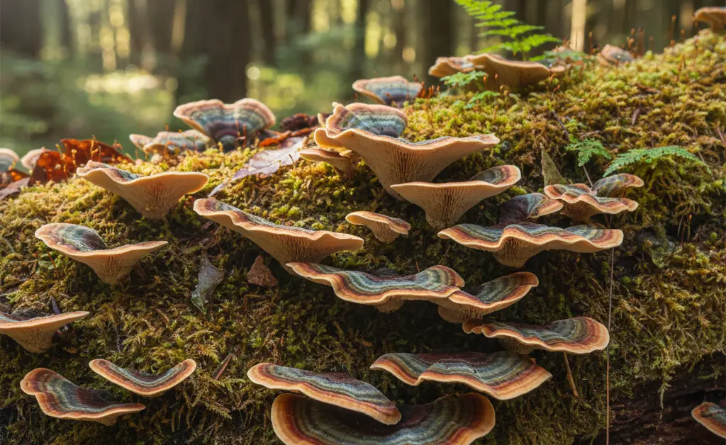A close-up shot showcasing the vibrant, layered appearance of the turkey tail mushroom nz benefits, with a soft, natural background suggesting a health-conscious setting.
