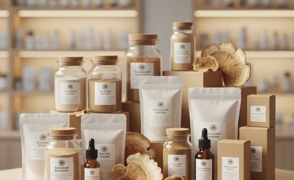 A high-angle view showcases a selection of turkey tail mushroom nz chemist warehouse products neatly arranged on a clean, modern shelf, bathed in soft, natural light.