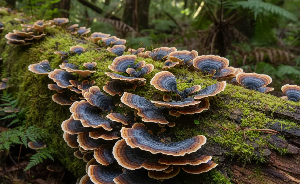 A close-up shot showcasing the vibrant, fan-like patterns of the turkey tail mushroom nz growing on a mossy log in a lush New Zealand forest.