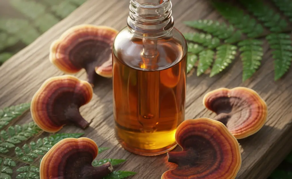 A close-up, softly lit shot showcases a dropper bottle filled with golden turkey tail mushroom oil, set against a backdrop of fresh, vibrant turkey tail mushrooms and green leaves, highlighting the turkey tail mushroom oil benefits.