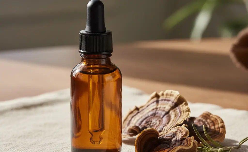 A beautifully arranged collection showcasing the natural essence of turkey tail mushroom oil.