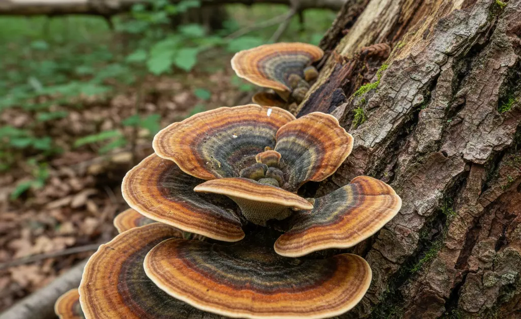 A close-up, photorealistic view of a vibrant turkey tail mushroom on tree bark, showcasing its colorful concentric rings.