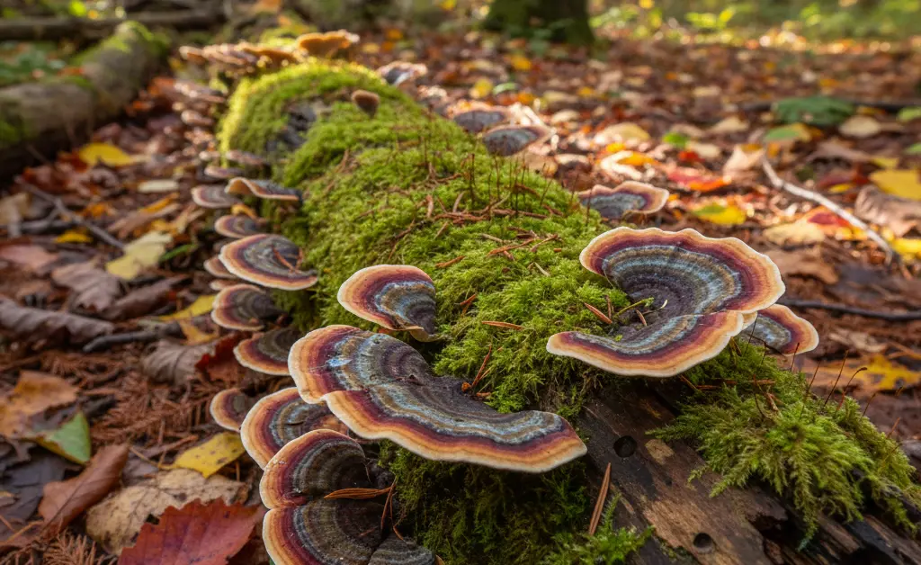A close-up, photorealistic view of a cluster of turkey tail mushroom ontario growing on a fallen log in a sun-dappled forest.