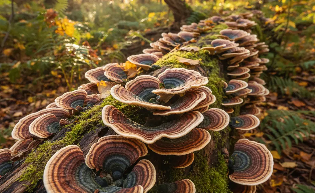 A close-up, photorealistic shot showcases the intricate, colorful banding of the turkey tail mushroom ontario growing on a mossy log in a dappled forest setting.