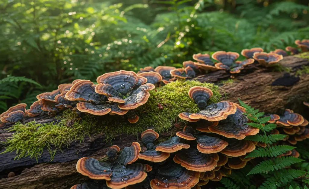 A close-up, photorealistic image showcasing the vibrant, layered caps of a turkey tail mushroom oregon growing on a mossy log in a lush, sun-dappled forest.