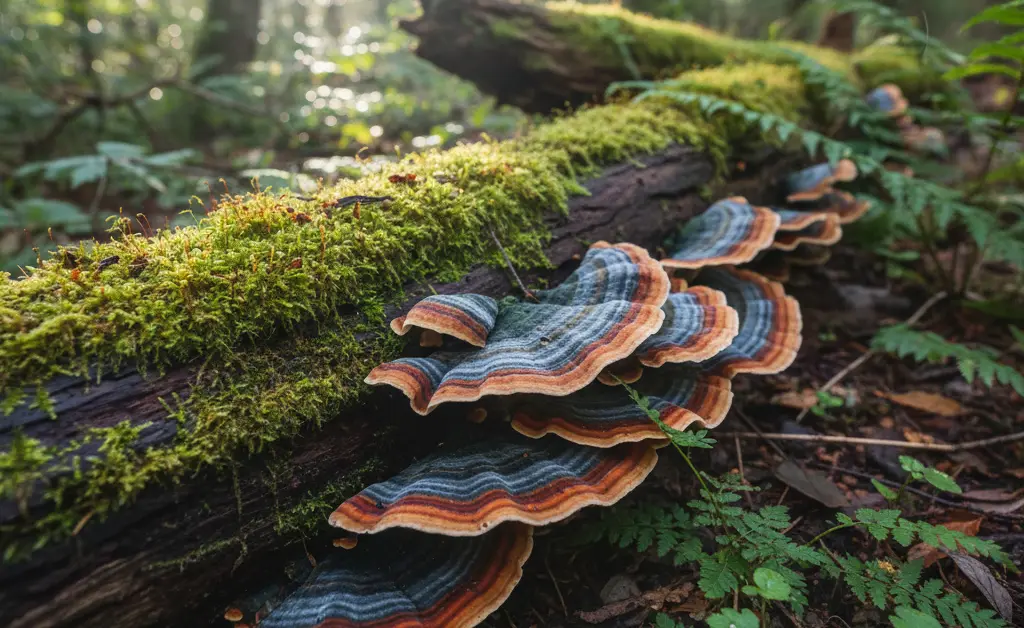 A detailed shot capturing the essence of the turkey tail mushroom origin, showing its natural habitat.