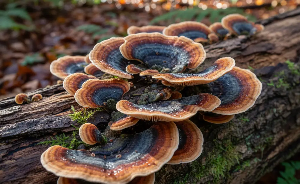 A close-up shot showcases the vibrant, fan-like layers of a turkey tail mushroom other names, highlighting its unique textures against a soft, natural forest floor.