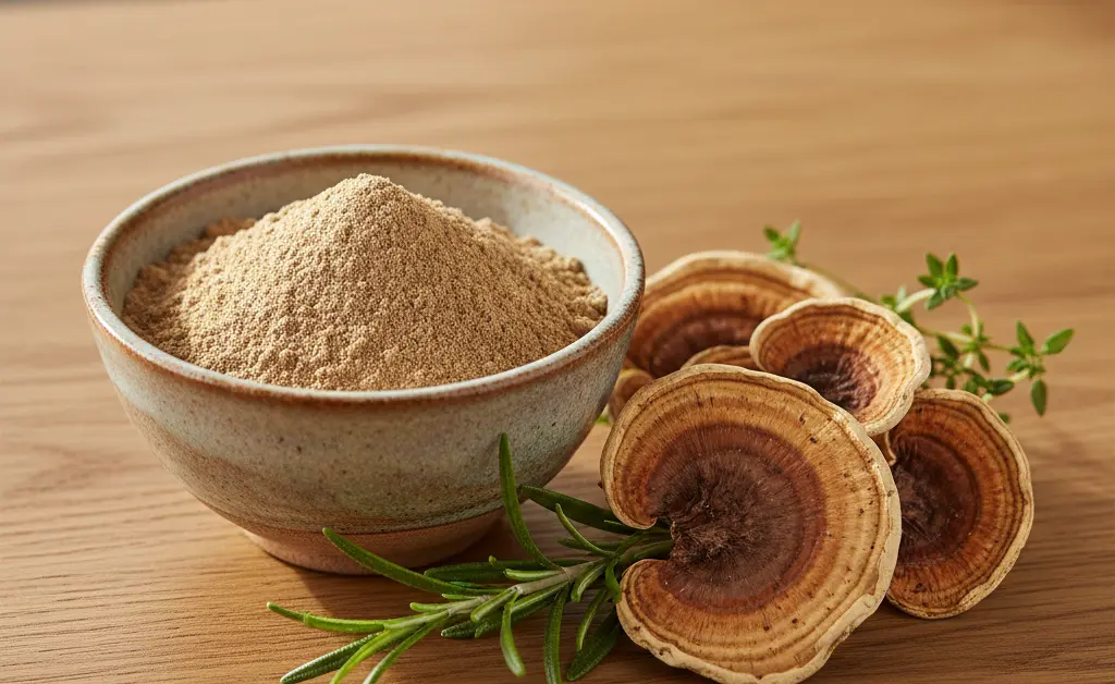 A carefully arranged display showcasing the natural goodness associated with turkey tail mushroom powder benefits.