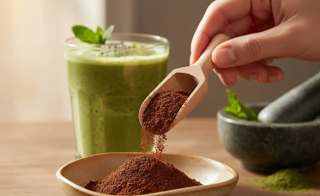 A natural wellness enthusiast pours turkey tail mushroom powder into a smoothie.