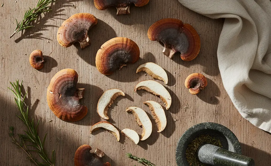 A visually appealing flat lay showcasing various turkey tail mushroom qualities, presented with natural elements.