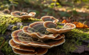 A close-up, macro photograph beautifully showcases the distinct, concentric rings and earthy tones of turkey tail mushroom qualities.