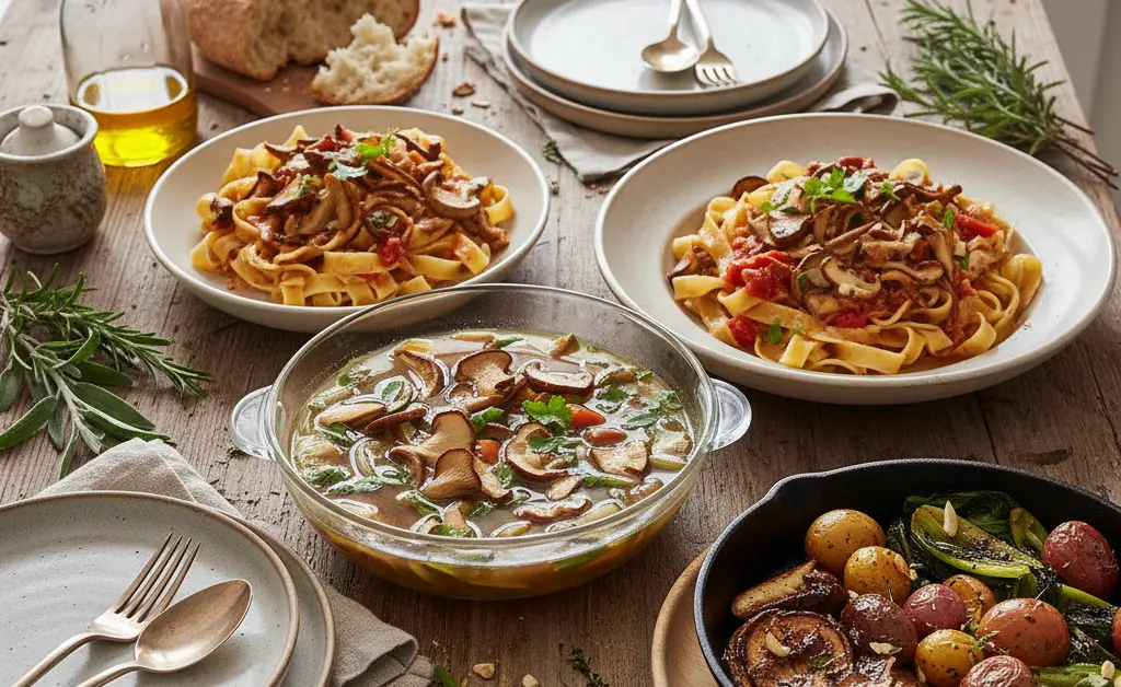 A vibrant overhead shot showcasing various delicious turkey tail mushroom recipes, artfully arranged on a rustic wooden table, inviting exploration.