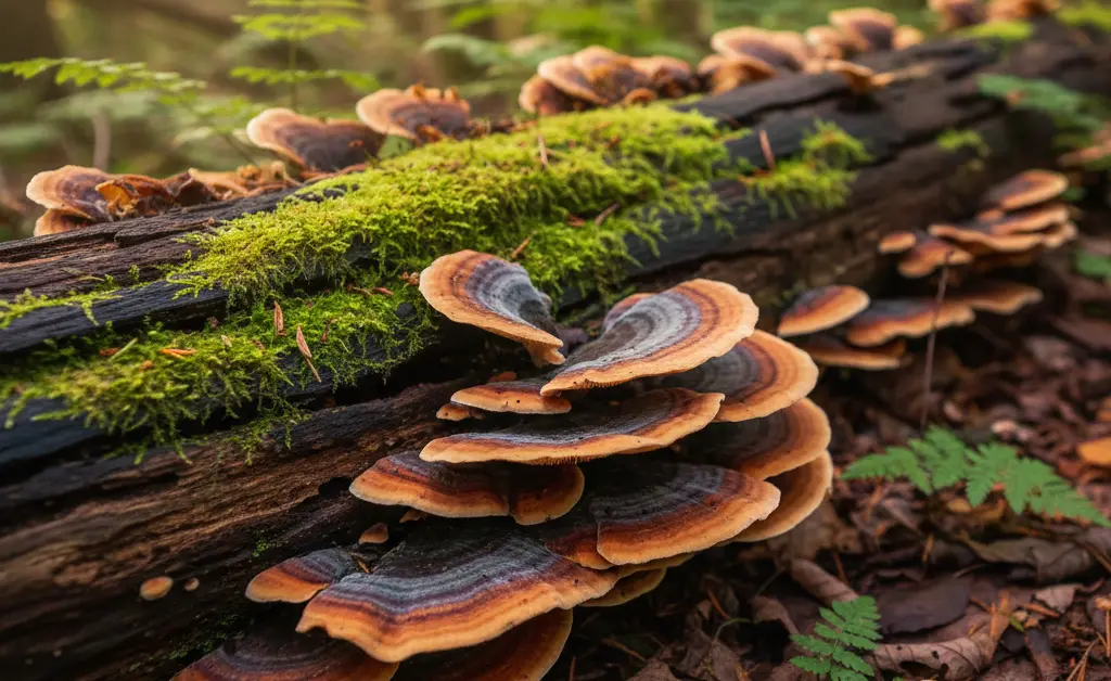 A close-up, photorealistic shot of vibrant turkey tail mushrooms growing on a mossy log, capturing the essence of their natural beauty, perfect for illustrating discussions found on turkey tail mushroom reddit.
