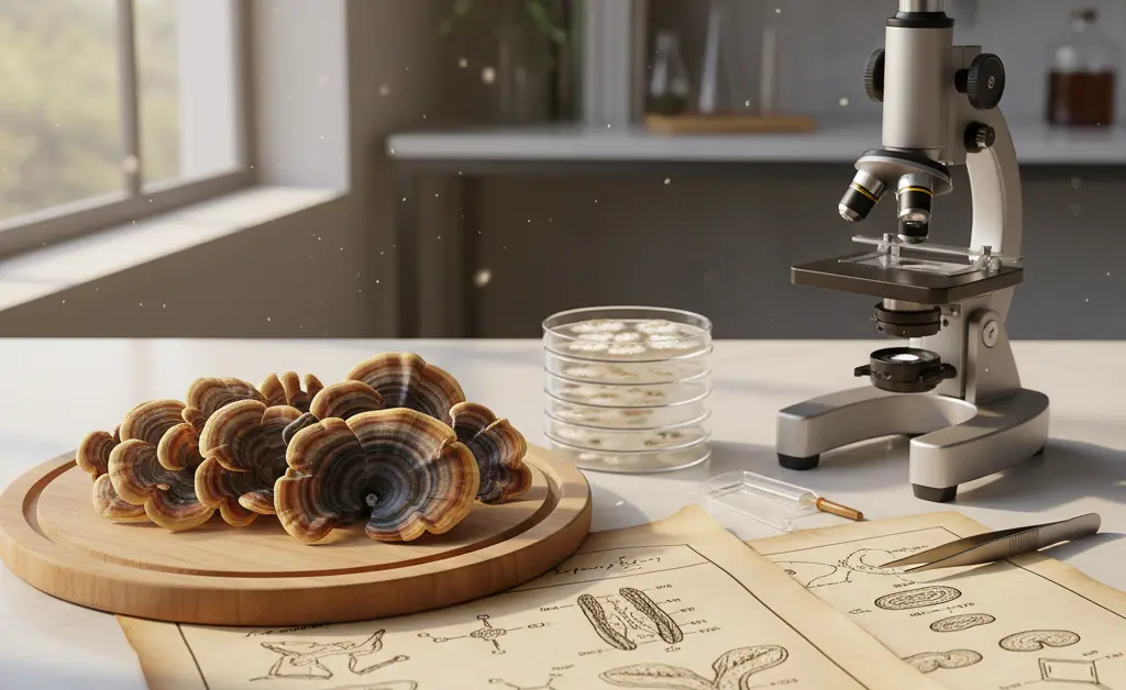 An overhead view of a lab bench showcasing vibrant turkey tail mushroom research, with focused lighting highlighting microscope slides and petri dishes.
