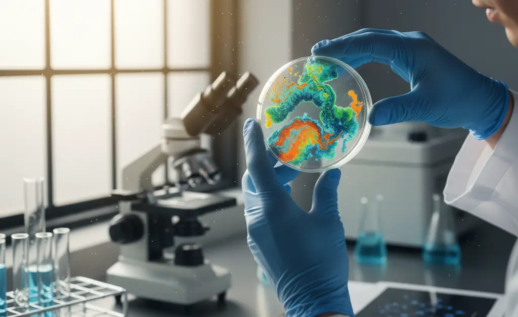 A focused laboratory scene illustrating advancements in turkey tail mushroom research studies with researchers examining samples.