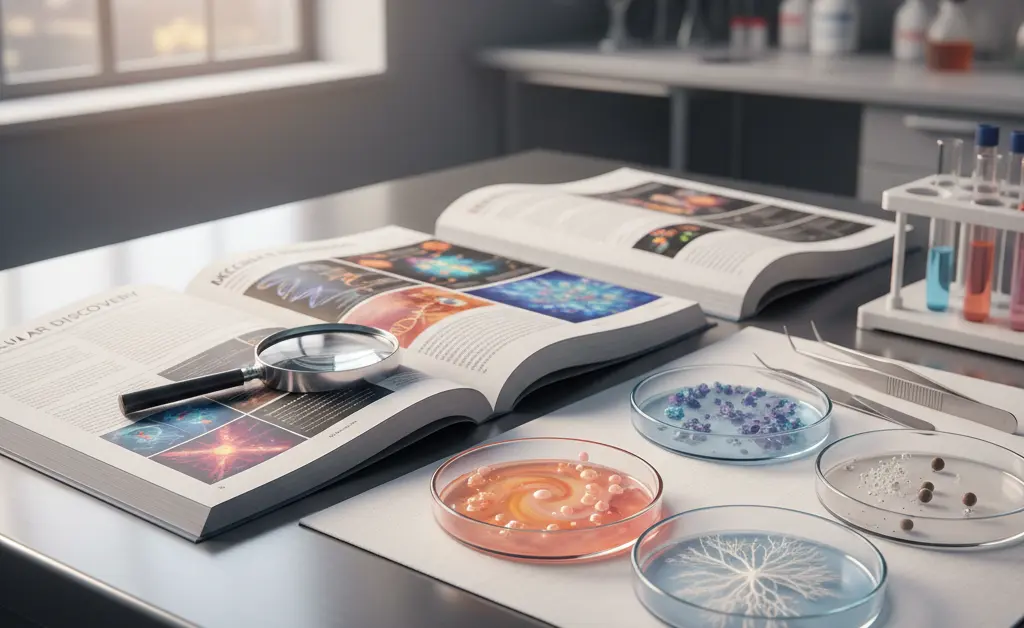 A visually appealing collection of various scientific journals and petri dishes, symbolizing the depth of turkey tail mushroom research studies.