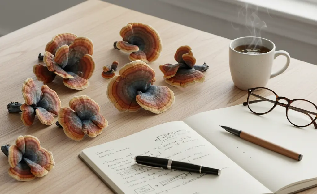 A visually appealing display showcasing a variety of turkey tail mushroom reviews with natural elements.