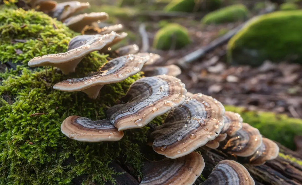 A gentle, close-up photograph showcasing delicate turkey tail mushrooms growing on a natural wood surface, illustrating that turkey tail mushroom safe for kids.