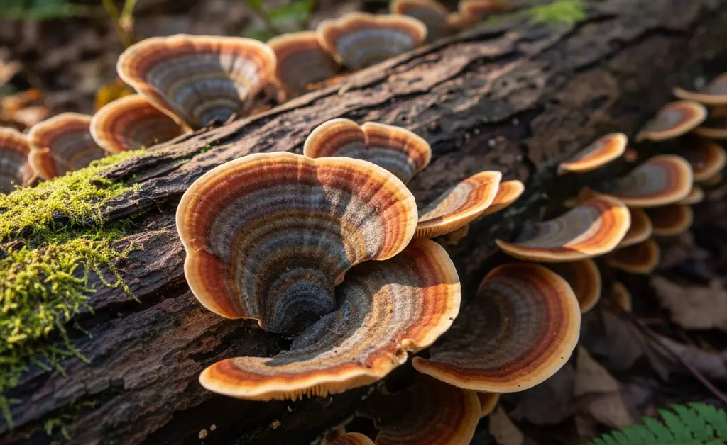 A vibrant turkey tail mushroom scientific name specimen showcasing its characteristic colorful bands on a mossy forest floor.