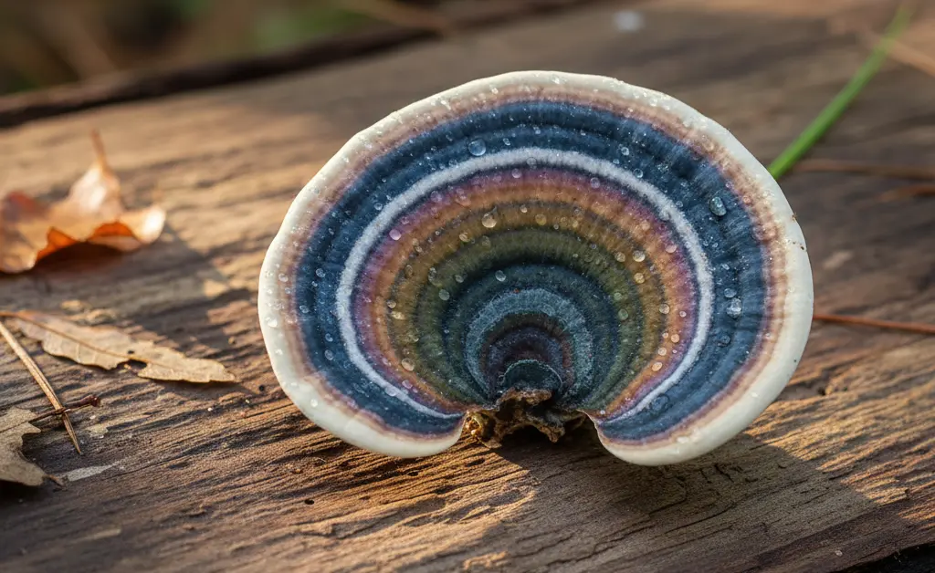 A close-up, photorealistic image depicting a single, vibrant turkey tail mushroom with its distinct concentric rings, placed on a smooth, natural wooden surface, implying a connection to natural health exploration for understanding turkey tail mushroom side effects.