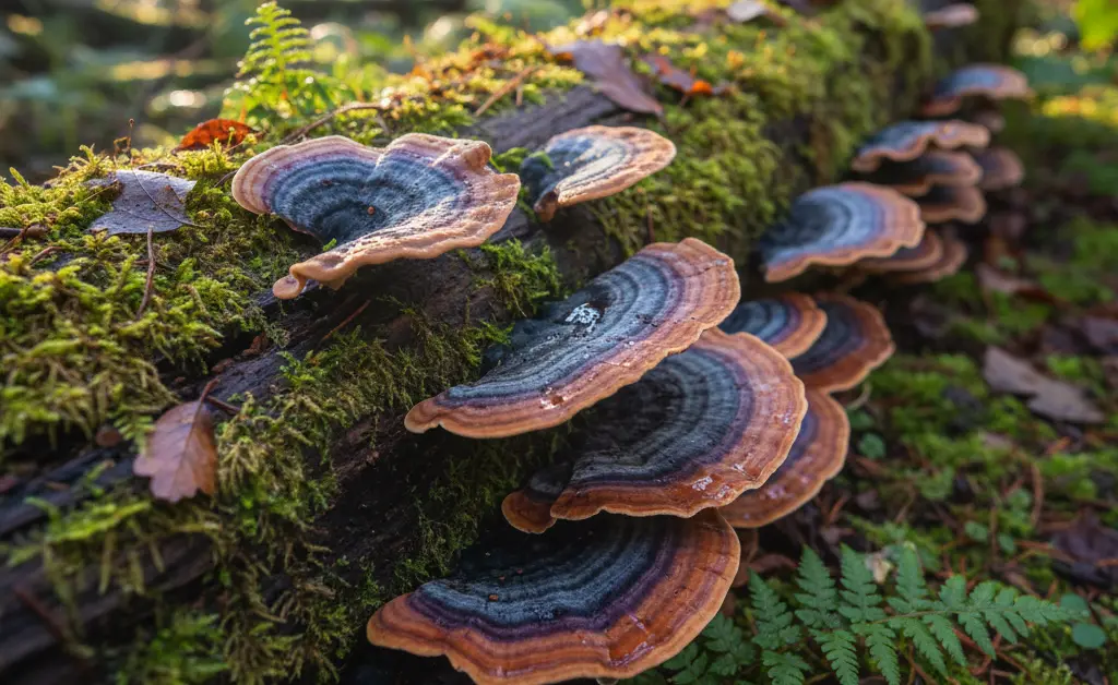 A close-up, top-down view showcases the diverse beauty and intricate patterns influencing turkey tail mushroom size in a natural forest setting.